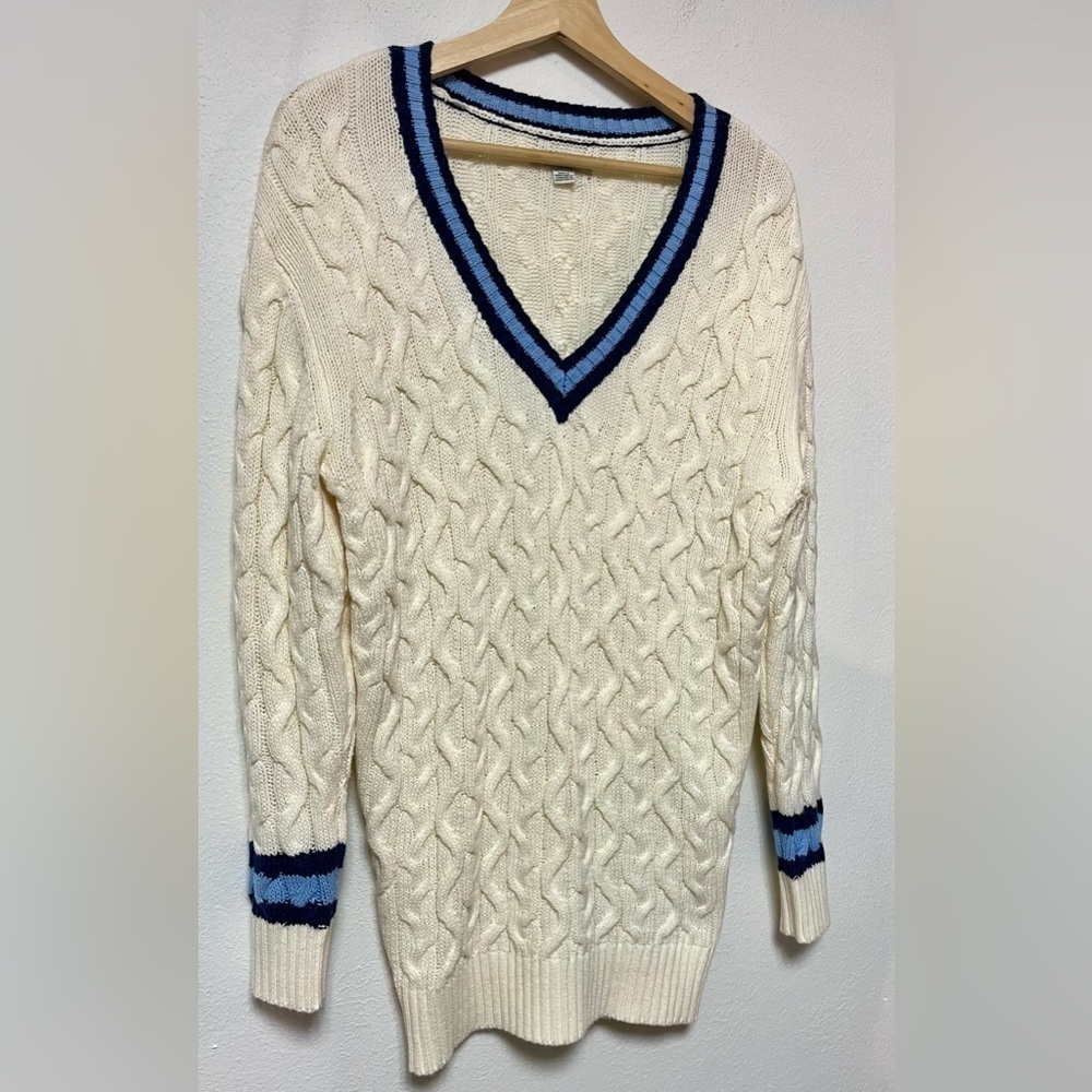 Vintage American Eagle Sweater Cream Knit with Blue Trim Academia Y2K Oversized